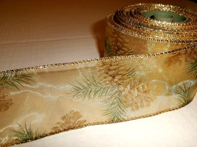 Member's Mark  Wired Holiday Ribbon 2.5 Wide-Gold & Green Pine Cone-13 yards((E) - Image 1 of 2