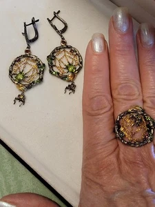 Rhodium Over Solid Sterling Silver Exotic Gem Spiders/Webs Set Of Earrings/ Ring - Picture 1 of 16