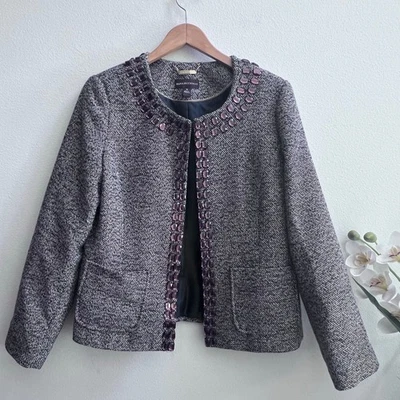 Chaqueta Blazer Dana Buchman Talla 14 Signature Marrón Con Cuentas Adornada Hilos Dorados Foto 1 de 4