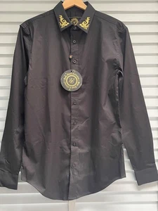 SIKSILK Herren Hemd Schwarz Größe Small Gold Bestickt Kragen Tailored Langarm - Bild 1 von 14
