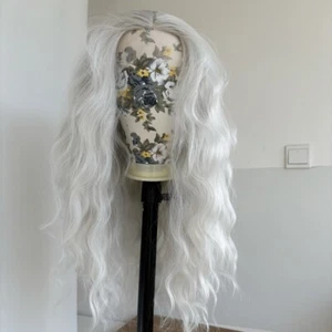 Long Wavy Heat Resistant Hair Layered Glue Less T Lace Front Wig Silver - Picture 1 of 9