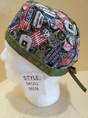 US Army Dog Tags Men's Skull/Chemo Surgical Scrub Hat/Cap Handmade - Image 1 of 4