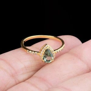 14k Yellow Gold Plated Pear Cut Green Sapphire Diamond Engagement Ring Size 7 - Picture 1 of 8