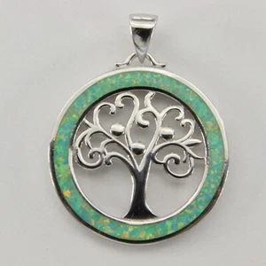 Green - FIRE OPAL Round Tree of Life Pendant 925 STERLING SILVER Rhodium #307e - Picture 1 of 5