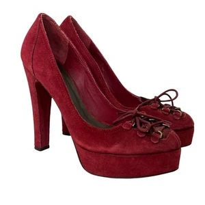 JOIE Red Suede Leather Lace Up Block High Heel Platform Pumps Heels 38 Y2K 90's - Picture 1 of 9