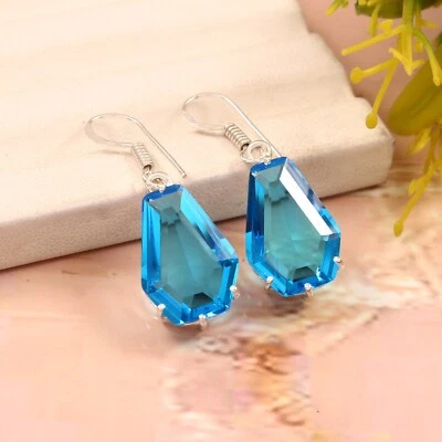 Blue Topaz Quartz Coffin Gemstone Silver Plated Earrings Jewelry 1.5" - Image 1 of 3