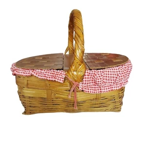 Vintage Woven Double Lid Picnic Basket With Original Liner  - Picture 1 of 13
