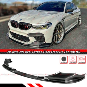 FOR 2018-20 BMW M5 F90 3D STYLE 3PC REAL CARBON FIBER FRONT BUMPER LIP SPLITTER - Picture 1 of 7