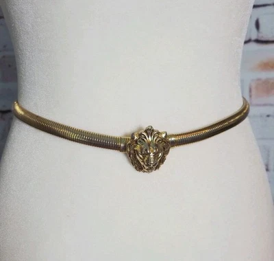 Vtg Anne Klein Lion Head Gold Tone Skinny Snake Omega Stretch Belt 23-27.5”  - Image 1 of 4