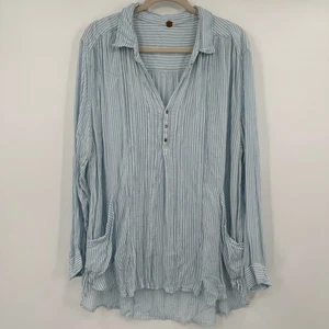Free People One Waverly Blue White Striped Gauze Tunic Shirt Top Pockets Size L - Picture 1 of 11