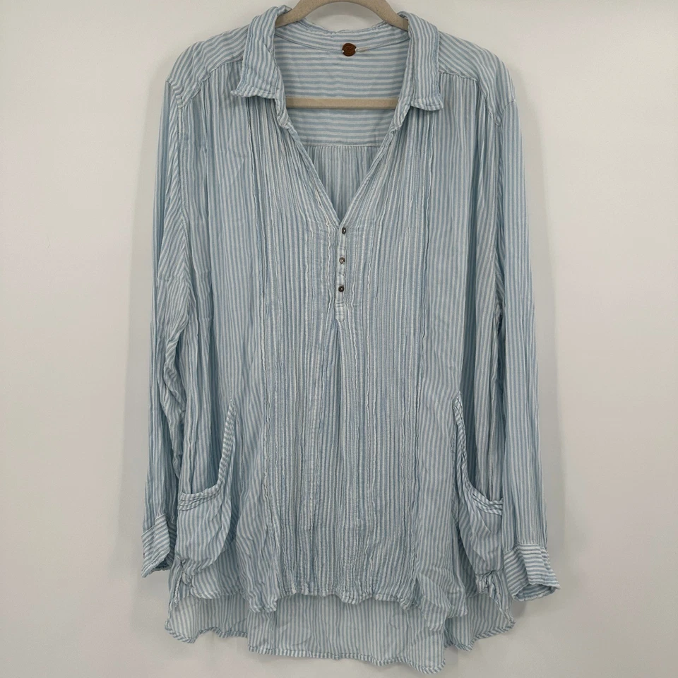 Camisa túnica Free People One Waverly azul blanco a rayas gasa bolsillos superiores talla L Foto 1 de 4