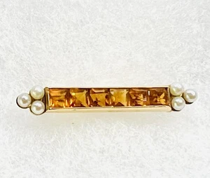 Vintage Channel Set Square Cut Citrine And Pearls 14K Gold Bar Pin LOT JF - Picture 1 of 2