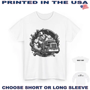 Digirods Bulldog Dog Tough Trucker Muscle Big Rig 18 Wheeler Cartoon T Shirt - Picture 1 of 6