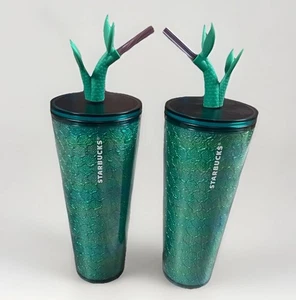 Starbucks 2025 Siren Mermaid Iridescent Teal Cold Cup Tumbler Tail Straw SET/2 - Picture 1 of 12
