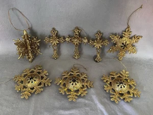 Vtg Gold Glitter Christmas Ornaments 3 Crosses, 5 Snow Flakes - Picture 1 of 12
