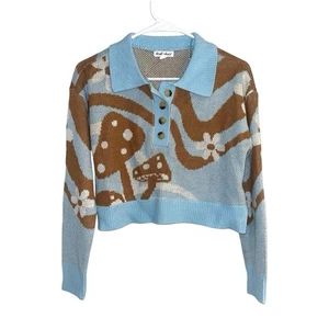Derek Heart Blue Mushroom Button Pullover Collard Cropped Sweater Size Small - Picture 1 of 7