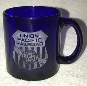 Union Pacific Railroad BLUE Glass Coffee Cup Mug 844 3985 STEAM Heavy Etching - Picture 1 of 4