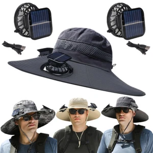 Solar Fan Hat Outdoor Travel Hiking Wide Brim Sun Bucket Cap UV Protector Unisex - Picture 1 of 14