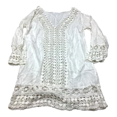 Plain Crochet Floral Lace Long Sleeve Shirt See-Through Pullover Rayon Cotton - Image 1 of 4