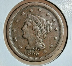 1855 DATED BRAIDED HAIR LARGE CENT (1 c.) U.S. COIN IN EXTRA FINE (XF) CONDITION - Picture 1 of 5