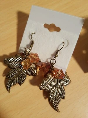 AUTUMN Fall bronze color leaf w/amber accent  handmade earrings French Hook NEW  - Image 1 of 2