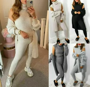 Cardigan donna 3 pezzi maglia co ord set top fondo invernale donna loungewear - Foto 1 di 8