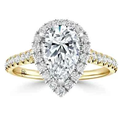 Pear Diamond Halo Engagement Ring Lab Grown Diamond 14K Yellow Gold Foto 1 de 2