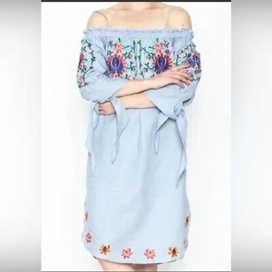 Zara Woman Light Blue Floral Embroidered 100% Linen Off The Shoulder Dress Large - Picture 1 of 9