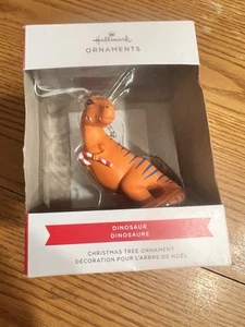 Hallmark Orange T-Rex Dinosaur with Candy Cane Christmas Tree Ornament - Picture 1 of 5