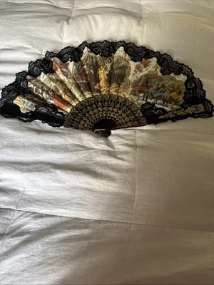 Vintage Spanish Folding Courting HAND FAN Fabric and Lace 14” Long - Image 1 of 4