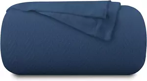 Pure Cotton, Luxury King Size Deep Blue Blanket Herringbone Pattern, Lightweight - Picture 1 of 7