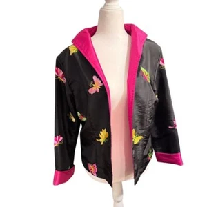 Vintage Black Silk Butterfly Embroidered Asian Style Jacket Hot Pink Trim sm/med - Picture 1 of 22