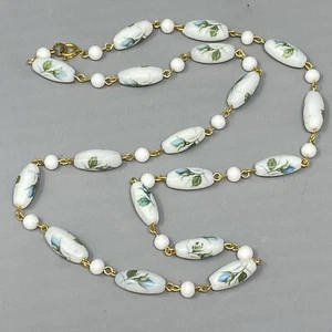 Beaded Necklace White Glass Blue Flower Transferware Vintage Station Sautoir 25" - Picture 1 of 11