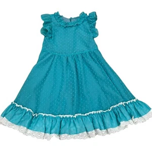 Mia Belle Girls 6/7 Ruffle Sleeveless Dress With White Lace Trim Turquoise - Picture 1 of 7
