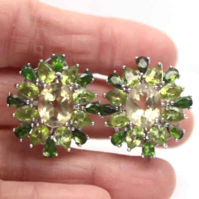 Nicht Erhitzt Gelb Citrin, Chrom Diopsid & Peridot Ohrringe 925 Sterlingsilber - Bild 1 von 4