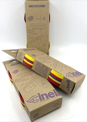 THREE NOS Vintage CINELLI Cork Ribbon YELLOW RED BLUE Striped Tape 3x Packs - Image 1 of 3