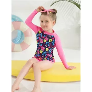 2PCS 3-9T Girls Rash Guard Swimsuit Set Long Sleeve Floral Bikini Sun Protection - Picture 1 of 15
