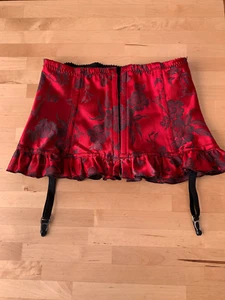 Red Satin Lingerie, Baby Doll, Chemise, Brocade Garter Belt, Floral Pattern - Picture 1 of 13