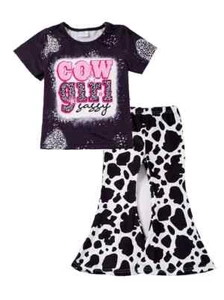 New Boutique Girls 4 Short Sleeve Cow Print Silky Soft Bell Bottom Pants Set - Picture 1 of 4