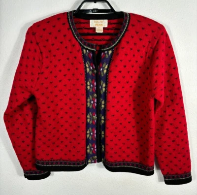 Vintage Tally-Ho Nordic Cardigan Sweater Women's PM Red Boiled Wool Fair Isle - Image 1 of 4
