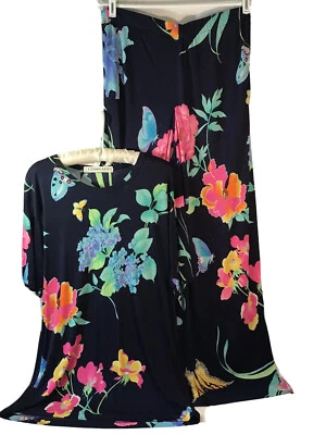 Calça de seda vintage Leonard Paris jersey Mikado floral loungewear perna larga tamanho 4 - Imagem 1 de 4