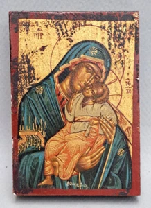 ICONE GRECQUE TRADITIONNELLE TECHNIQUE A TEMPERA SUR BOIS : VIERGE A L'ENFANT - Foto 1 di 3