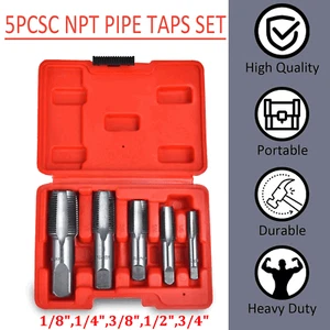 5PCS NPT Pipe Tap Set 1/8" 1/4" 3/8" 1/2" 3/4" Carbon Steel Inch Set With Case - Picture 1 of 15