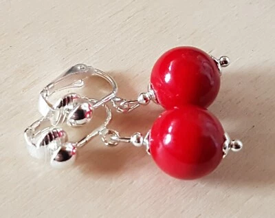 OHRCLIPS CLIPS VERSILBERT 12 mm ROTE JADE PERLE - Bild 1 von 3