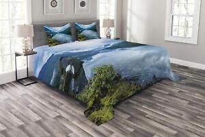Nature Quilted Bedspread & Pillow Shams Set, Wooden Cabins Norway Print