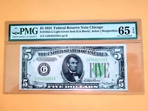 1934 $5 Federal Reserve Note Chicago FR#1955-G Light Green Seal PMG 65 EPQ GEM - Picture 1 of 2