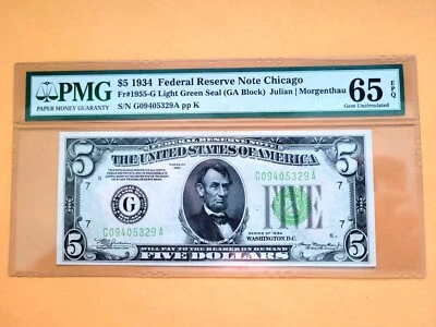 1934 $5 Federal Reserve Note Chicago FR#1955-G Light Green Seal PMG 65 EPQ GEM - Image 1 of 2