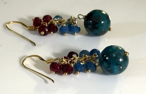 Sterling Silver 925 Earrings Dangle Drop Turquoise Apatite Ruby 18ct Gold Plated - Picture 1 of 15