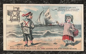 Tarjeta comercial victoriana nueva máquina de coser para el hogar niño y niña en la playa Wild Waves 5x3 - Imagen 1 de 2