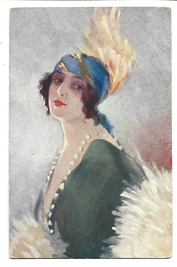 1920s ERA,FASHIONABLY DRESSED BEAUTIFUL LADY WEARING FEATHERED HAT-ARTIST SIGNED - Picture 1 of 1